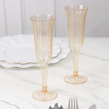 12-Pack Plastic Champagne Flutes Transparent Amber Gold Flared Design - Lightweight Disposable Toast