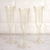 24-Pack Plastic Champagne Flutes Clear Gold Glitter Flared Design - Lightweight Disposable Toasting