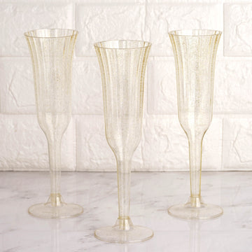24-Pack Plastic Champagne Flutes Clear Gold Glitter Flared Design - Lightweight Disposable Toasting Glasses 6oz