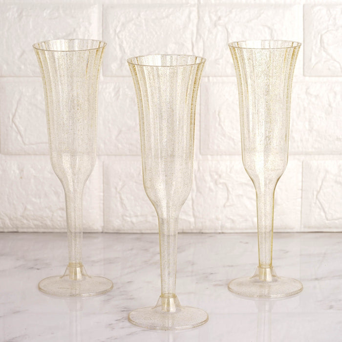 24-Pack Plastic Champagne Flutes Clear Gold Glitter Flared Design - Lightweight Disposable Toasting