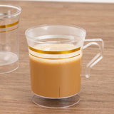 8 Pack 8oz Clear Plastic Coffee Mugs with Gold Stripes, Disposable Tea Cups with Handle - 3.5inch