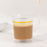 8 Pack 8oz Clear Plastic Coffee Mugs with Gold Stripes, Disposable Tea Cups with Handle - 3.5inch