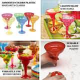 48-Pack 10oz Plastic Margarita Glasses - Assorted Colors, Reusable Cocktail Cups for Parties, Fiesta