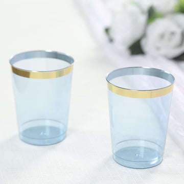 25 Pack Dusty Blue Crystal Plastic Tumbler Glasses with Gold Rim, 10oz Disposable Drink Glasses Party Cups