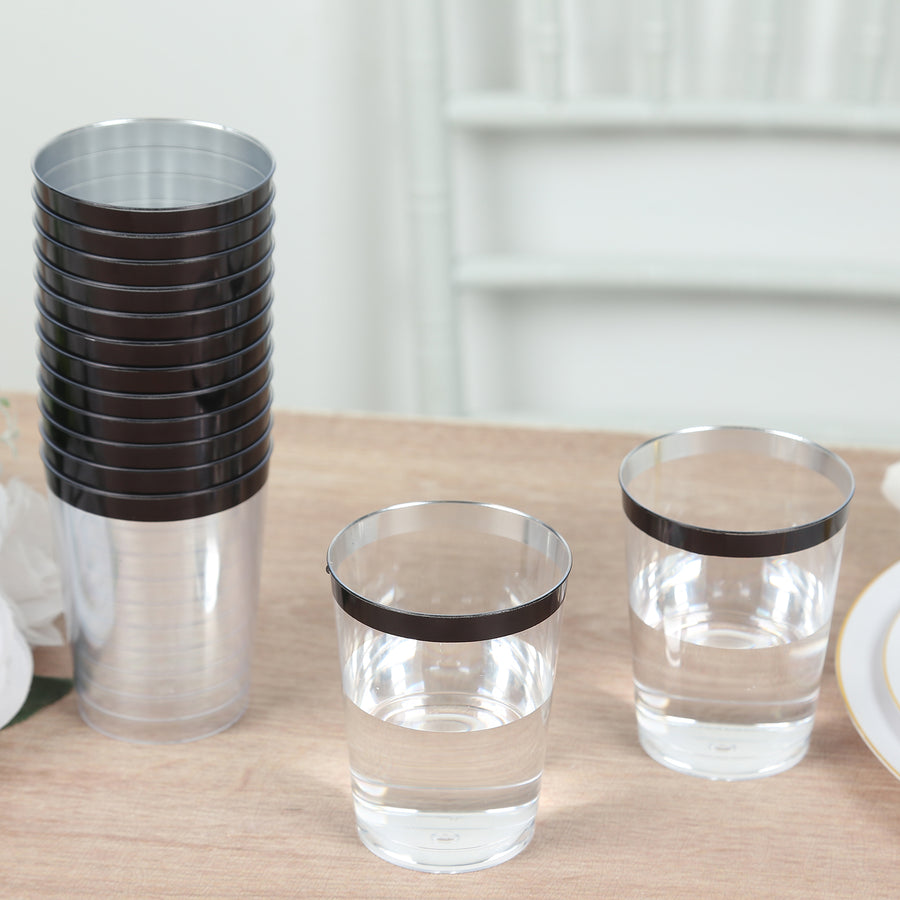 25 Pack Clear Crystal Plastic Tumbler Glasses with Black Rim, 10oz Disposable Drink Glasses