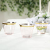 25 Pack 9oz Crystal Transparent Blush Short Disposable Tumbler Glasses with Gold Rim