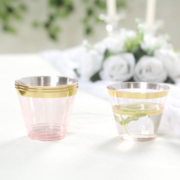 25 Pack 9oz Transparent Blush Disposable Tumbler Glasses with Gold Rim, Short Crystal Plastic Party Cups