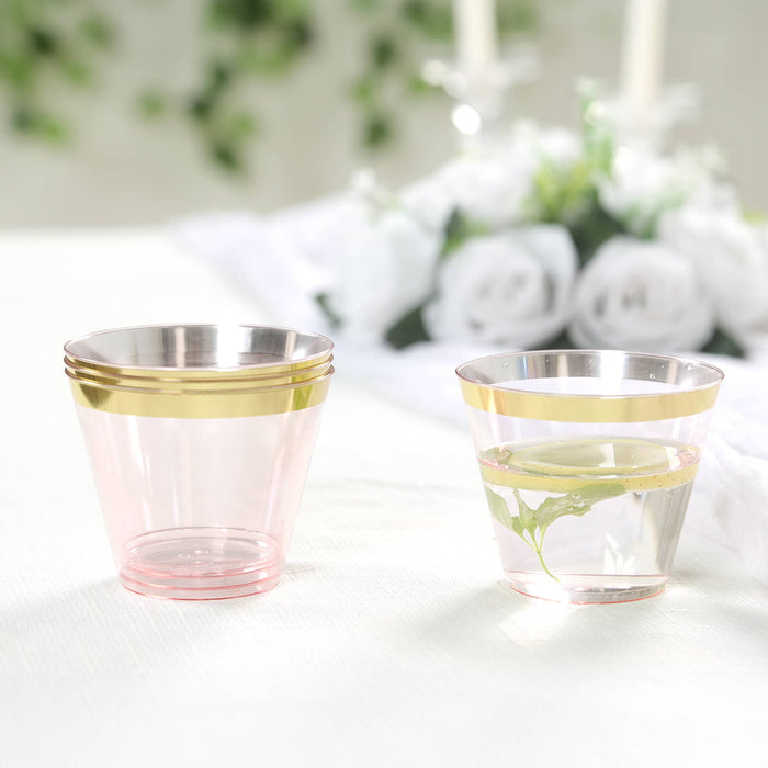 25 Pack 9oz Crystal Transparent Blush Short Disposable Tumbler Glasses with Gold Rim