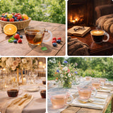 Assorted tea scenes featuring fruits, cozy settings, and elegant dining.