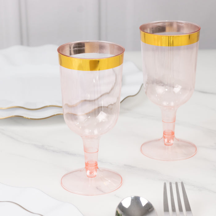 12 Pack Plastic Short Stem Wine Glasses Transparent Blush/Gold Rim - Stylish Disposable Drinkware 6oz