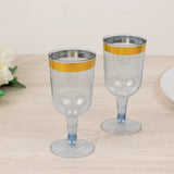 12 Pack Plastic Short Stem Wine Glasses Transparent Dusty Blue/Gold Rim - Stylish Disposable Drinkware 6oz