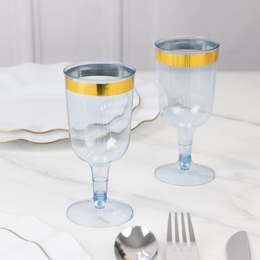 12 Pack Plastic Short Stem Wine Glasses Transparent Dusty Blue/Gold Rim - Stylish Disposable Drinkware 6oz