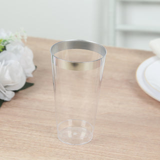 <h3 style="margin-left:0px;"><strong>Effortless Elegance with Modern Clear Plastic Party Cups with a Silver Rim</strong>