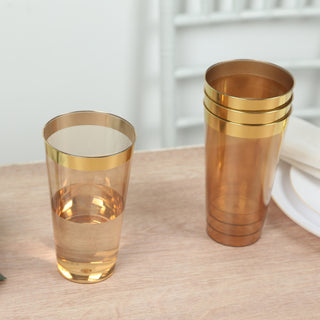 <h3 style="margin-left:0px;"><strong>Stunning Amber Plastic Party Cups with Gold Rim</strong>