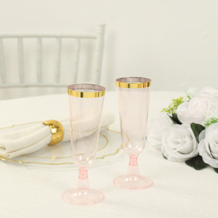 12 Pack Transparent Blush Disposable Champagne Flutes with Gold Rim, 5oz Plastic Toasting Cocktail