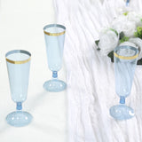 12 Pack Transparent Dusty Blue Disposable Champagne Flutes with Gold Rim, 5oz 