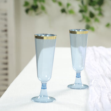 12 Pack Transparent Dusty Blue Disposable Champagne Flutes with Gold Rim, 5oz Plastic Toasting Cocktail Wine Glasses with Detachable Base - 6"