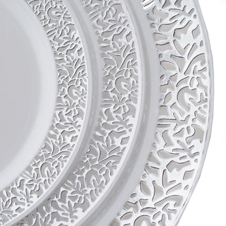 Sturdy and Stylish 10 Pack of Silver Lace Rim White Disposable Salad Plates