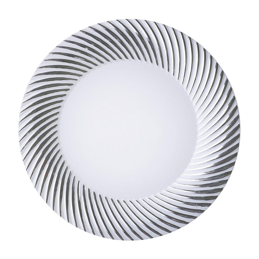 10 Pack | 9inch White / Silver Swirl Rim Plastic Dinner Plates, Disposable Party Plates#whtbkgd