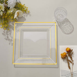 Convenience Meets Elegance with Disposable Gold Trim Clear Square Dinner Plates
