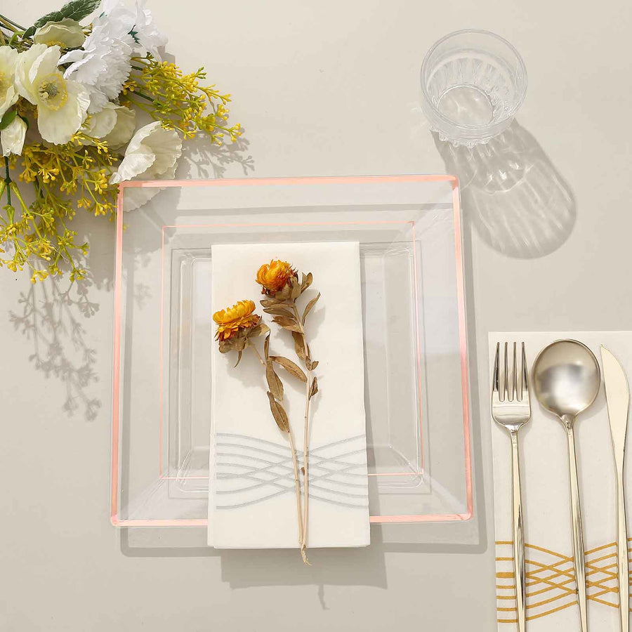 10 Pack - 10inch Rose Gold Trim Clear Square Plastic Disposable Dinner Plates