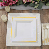 10 Pack - 10inch Gold Trim White Square Plastic Disposable Dinner Plates