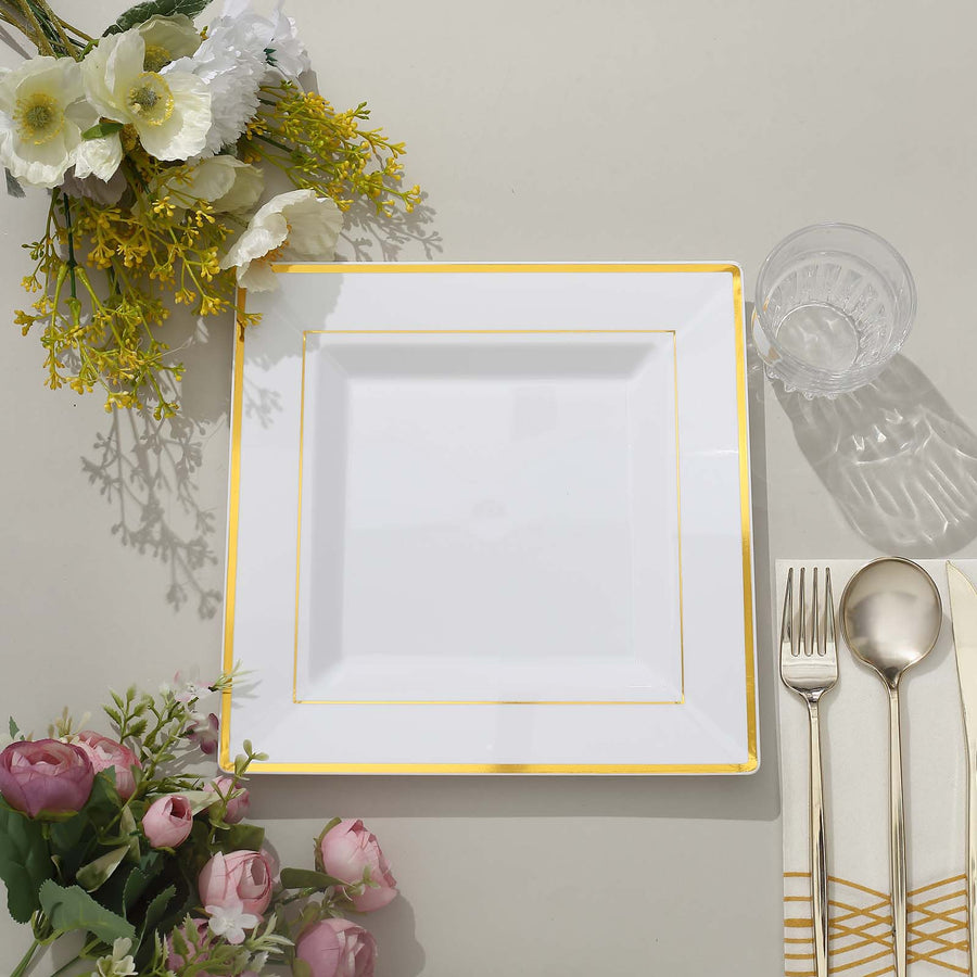 10 Pack - 10inch Gold Trim White Square Plastic Disposable Dinner Plates