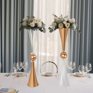 2 Pack Clear Gold Crystal Embellishment Trumpet Flower Vase, 27" Reversible Plastic Table Centerpiece