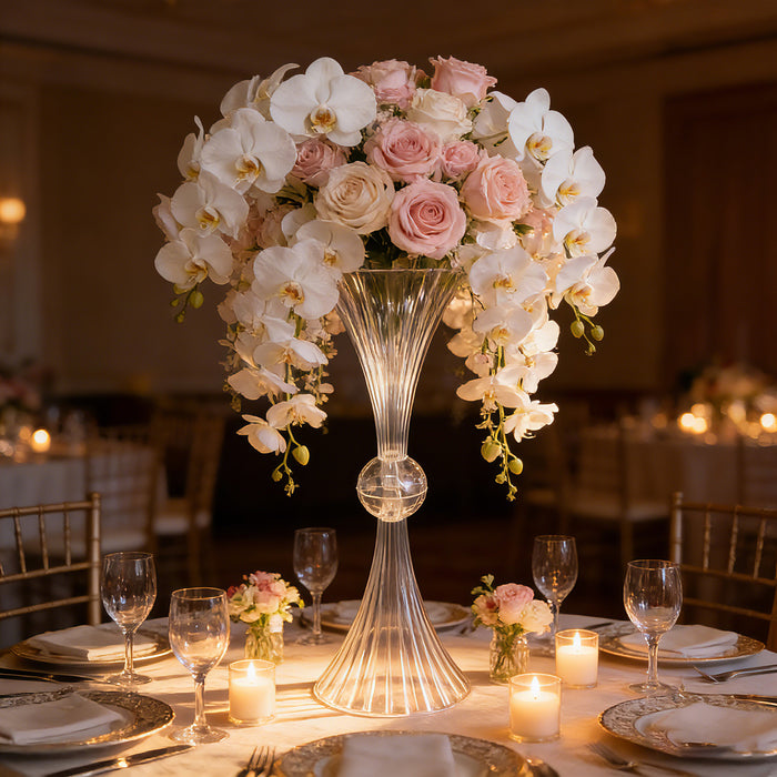 Elegant floral centerpiece with roses and orchids in a crystal vase.