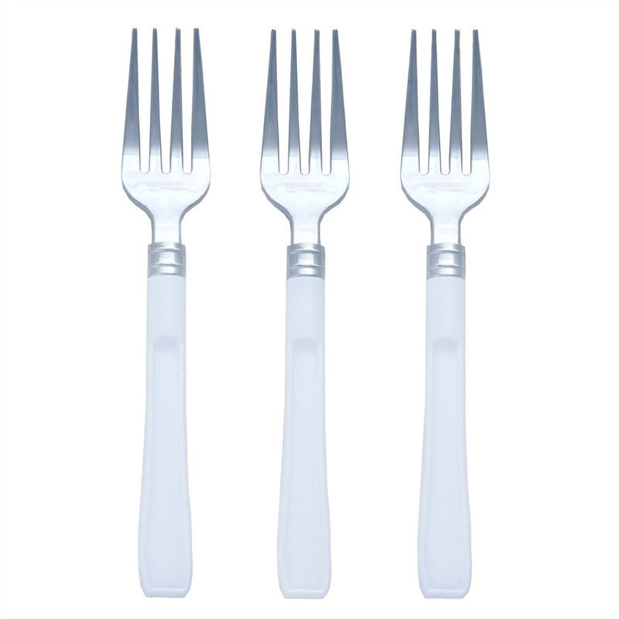 25 Pack | 7" Light Silver Heavy Duty Disposable Forks with White Handles, Plastic Silverware