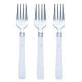 25 Pack | 7" Light Silver Heavy Duty Disposable Forks with White Handles, Plastic Silverware
