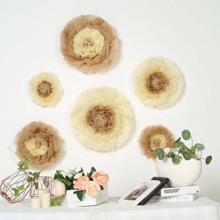 Taupe/Natural Giant Carnation 3D Paper Flowers Wall Decor - Set of 6