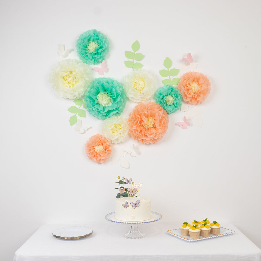 Set of 21 Tissue Paper Flowers Pom Poms Decor Kit – Cream Peach 3D Chrysanth Floral Wall