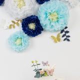 Set of 21 Tissue Paper Flowers Pom Poms Decor Kit – White Blue 3D Chrysanth Floral Wall