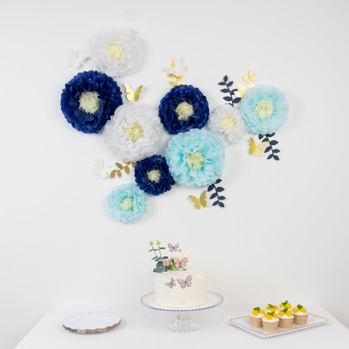 Set of 21 Tissue Paper Flowers Pom Poms Decor Kit – White Blue 3D Chrysanth Floral Wall