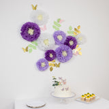 Set of 21 Tissue Paper Flowers Pom Poms Decor Kit – White Purple 3D Chrysanth Floral Wall