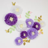 Set of 21 Tissue Paper Flowers Pom Poms Decor Kit – White Purple 3D Chrysanth Floral Wall