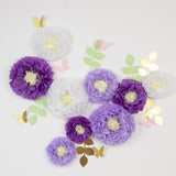 Set of 21 Tissue Paper Flowers Pom Poms Decor Kit – White Purple 3D Chrysanth Floral Wall