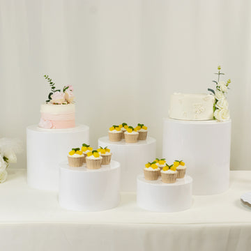 Set of 5 White Acrylic Pedestal Cake Stands -Round Cylinder Food Display Risers for Buffets, Events – 4",6", 8", 10", 12"