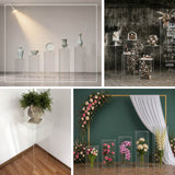 Clear acrylic pedestal risers in varying heights displaying vases, florals, and desserts in moder...