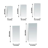 Various white storage cabinets with dimensions labeled, studio-style isolation shot.