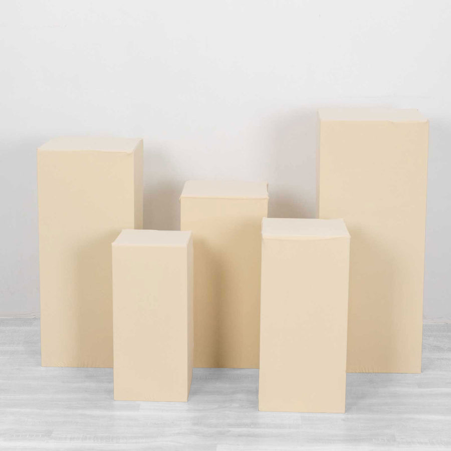 Set of 5 Beige Rectangular Stretch Fitted Pedestal Pillar Prop Covers