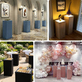 Various display pedestals in stylish settings, showcasing art and decor.