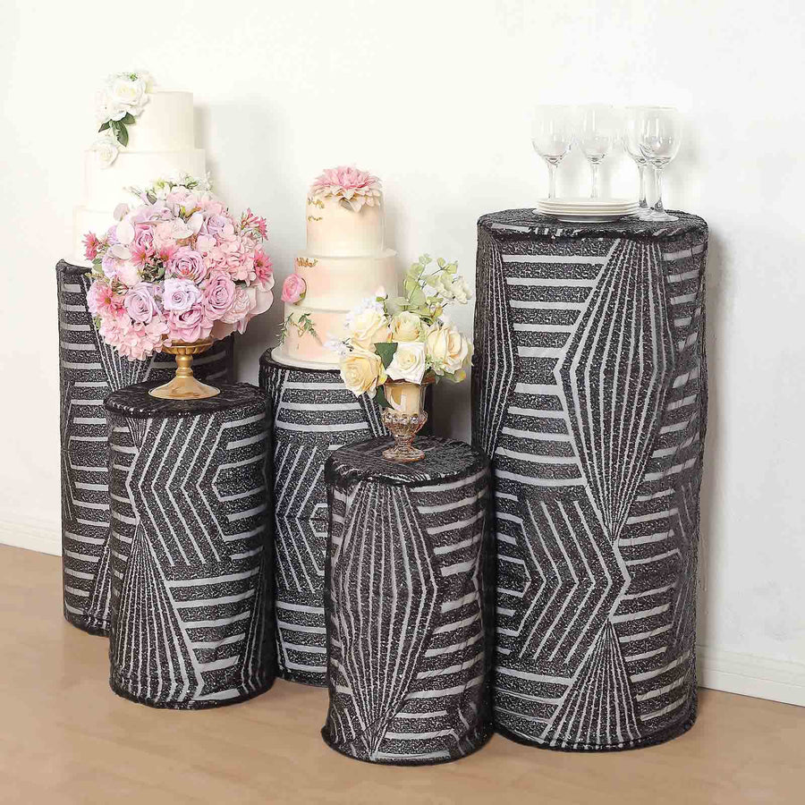 Set of 5 Black Sequin Mesh Cylinder Pedestal Pillar Prop Covers Geometric Pattern