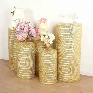Add a Touch of Opulence with Gold Sequin Mesh Cylinder Pedestal Pillar Prop Covers
