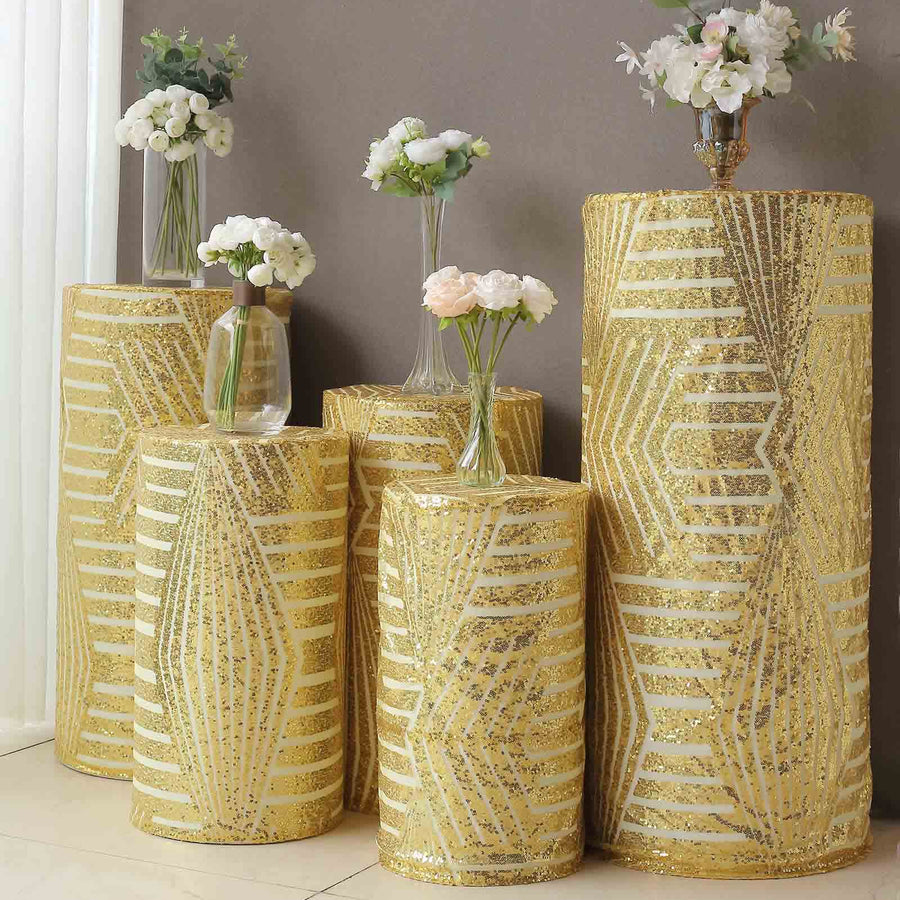 Set of 5 Gold Sequin Mesh Cylinder Pedestal Pillar Prop Covers with Geometric Pattern