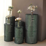 Set of 5 Hunter Emerald Green Sequin Mesh Cylinder Pedestal Pillar Prop Covers with Geometric