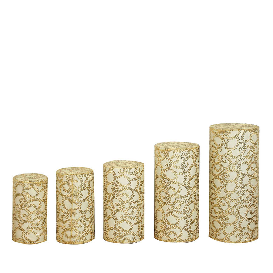 Set of 5 Gold Sequin Mesh Cylinder Pedestal Pillar Prop Covers with Leaf Vine Embroidery#whtbkgd