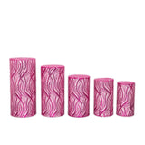 Set of 5 Fuchsia Silver Wave Mesh Cylinder Pedestal Prop Covers With Embroidered Sequins#whtbkgd