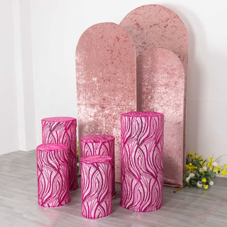 Elevate Your Event Decor with Fuchsia Silver Wave Mesh Cylinder Pedestal Prop Covers